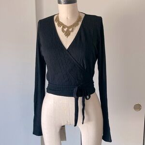 Reformation Petalo Black Ribbed Wrap Blouse